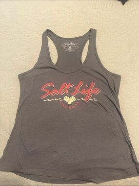Salt Life Gray Racerback Tank with Pink Script and Cream Shell